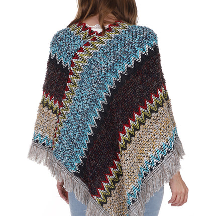 VINTAGE STYLED ZIGZAG PATTERN FRINGED PONCHO PO21040 (6PC)