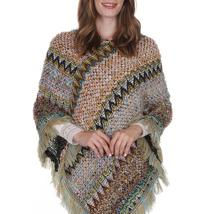 VINTAGE STYLED ZIGZAG PATTERN FRINGED PONCHO PO21040 (6PC)